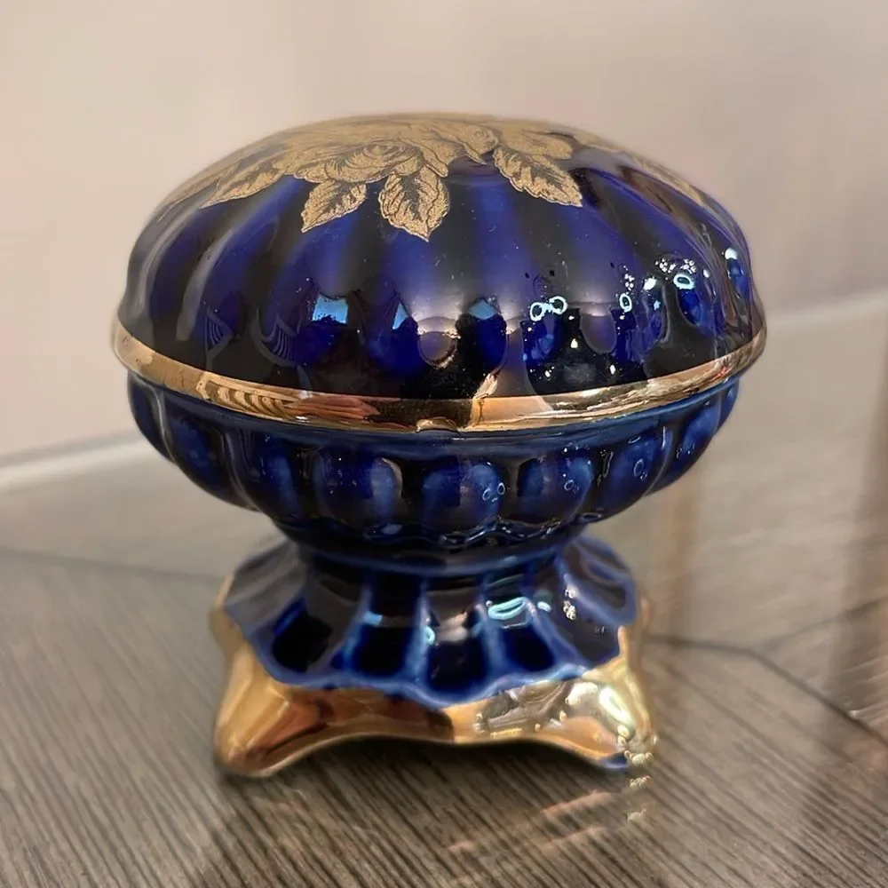 Vintage Cobalt Blue & Gold Footed Trinket Box